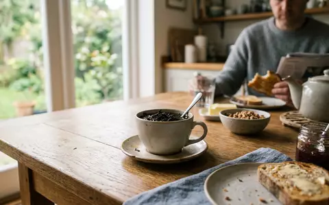 Fotorealistische Aufnahme von Schwarztee beim Frühstück zum Thema Twinings Tee, ISIN GB0006731235, natuerliches Licht - Foto: THN