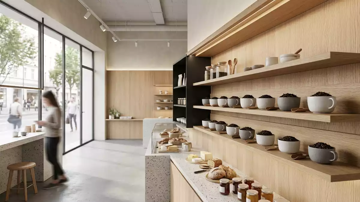 Architektur-Render im Teefachgeschäft mit Schwarztee im Ausstellungsbereich, neutral