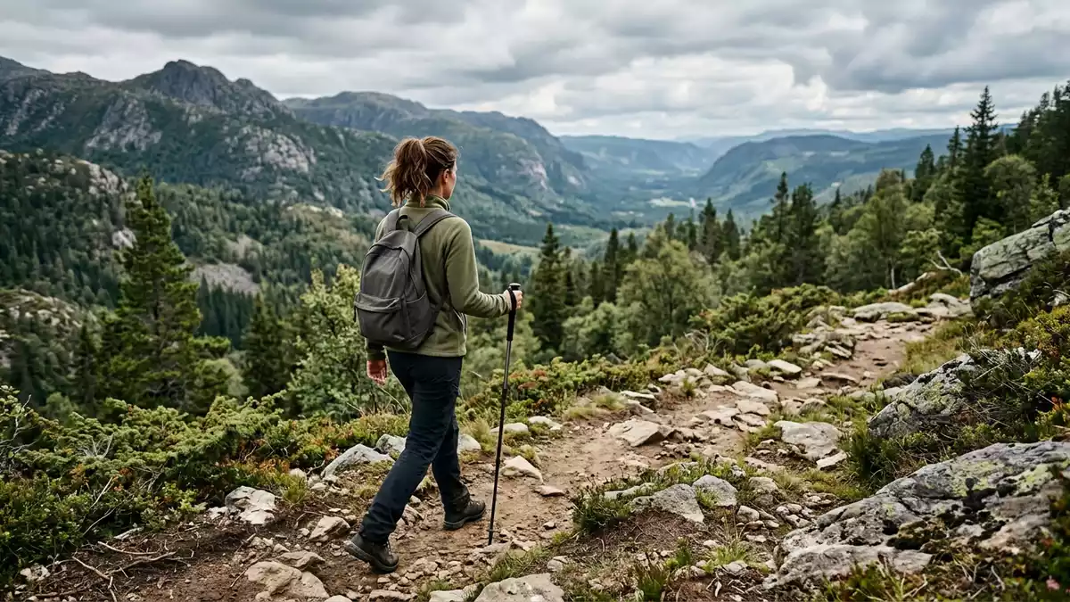 Fotorealistische Ansicht von Fleecejacke beim Wandern in realer Umgebung, neutral