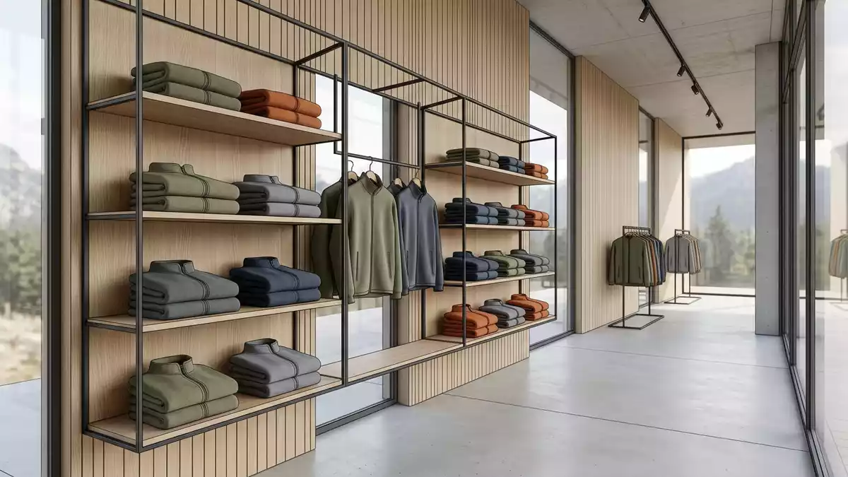 Architektur-Render im Outdoor-Fachhandel mit Fleecejacke im Ausstellungsbereich