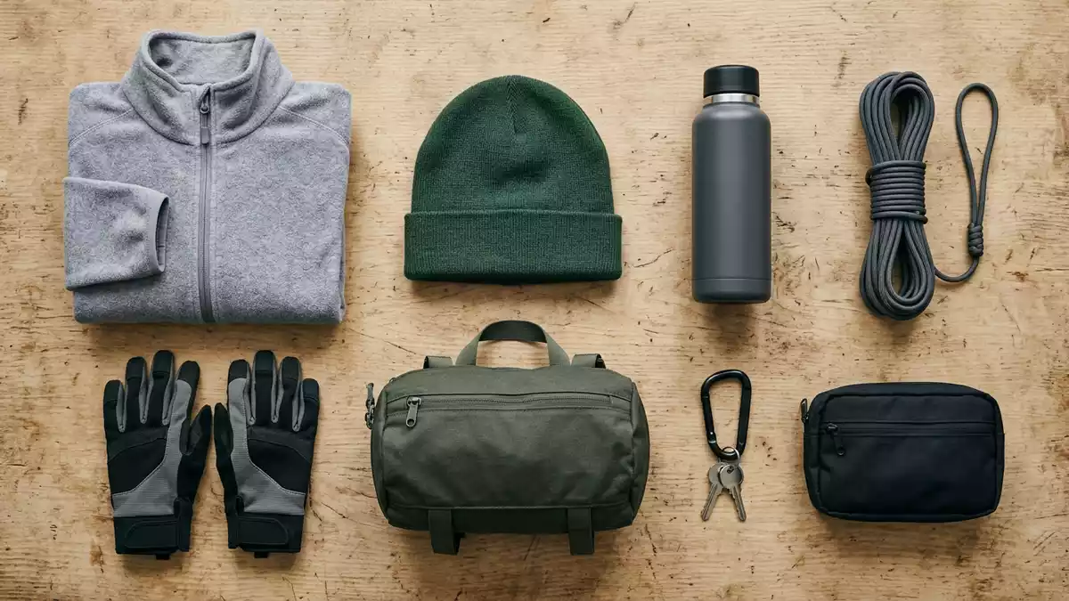 Flatlay-Arrangement rund um Fleecejacke mit passenden Requisiten von oben, neutral