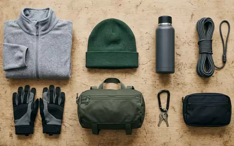 Flatlay-Arrangement rund um Fleecejacke zum Thema Columbia Fleecejacke, ISIN US1985161066, weiches Oberlicht - Foto: THN
