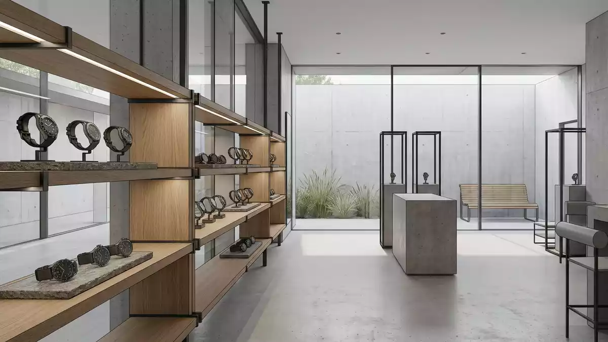 Architektur-Render im Uhrenfachhandel mit Taucheruhr im Ausstellungsbereich, neutral