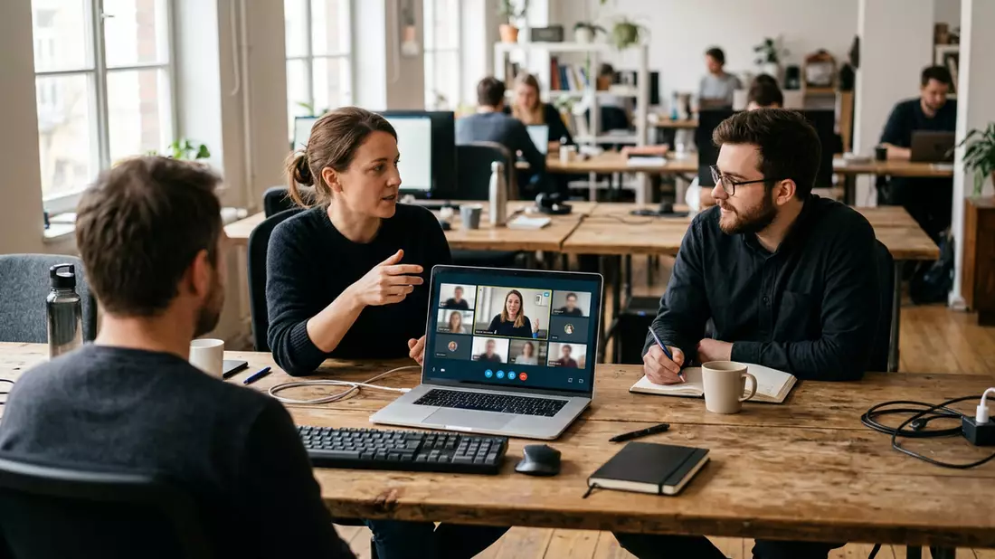 Fotorealistische Ansicht von Videokonferenz im Büro in realer Umgebung, neutral