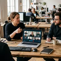 Fotorealistische Aufnahme von Videokonferenz im Büro zum Thema Webex Meetings, ISIN US17275R1023, natuerliches Licht - Foto: THN
