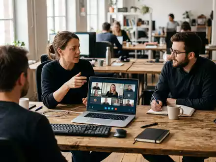 Fotorealistische Aufnahme von Videokonferenz im Büro zum Thema Webex Meetings, ISIN US17275R1023, natuerliches Licht - Foto: THN