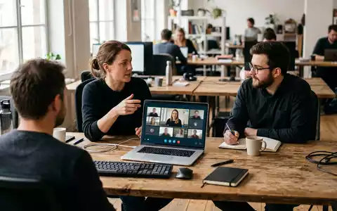 Fotorealistische Aufnahme von Videokonferenz im Büro zum Thema Webex Meetings, ISIN US17275R1023, natuerliches Licht - Foto: THN