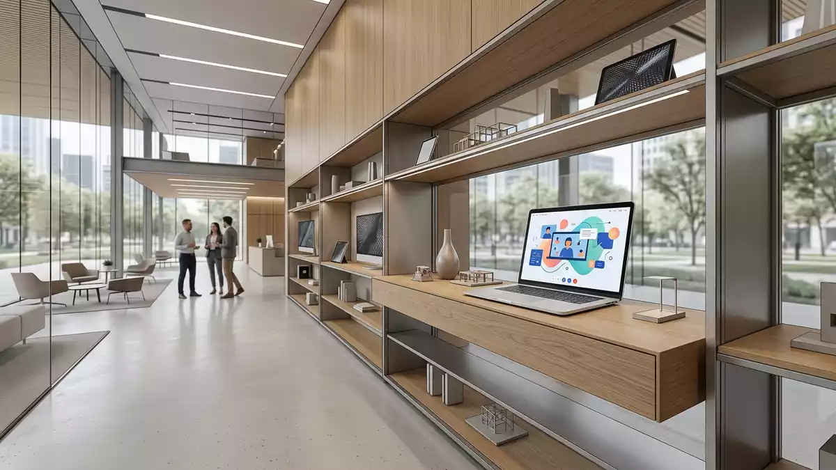 Architektur-Render im IT-Fachhandel mit Videokonferenz im Ausstellungsbereich, neutral