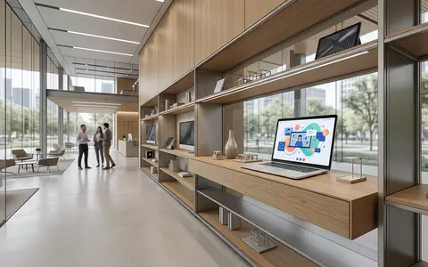 Architektur-Render im IT-Fachhandel mit Videokonferenz zum Thema Webex Meetings, ISIN US17275R1023, neutrales Tageslicht - Foto: THN