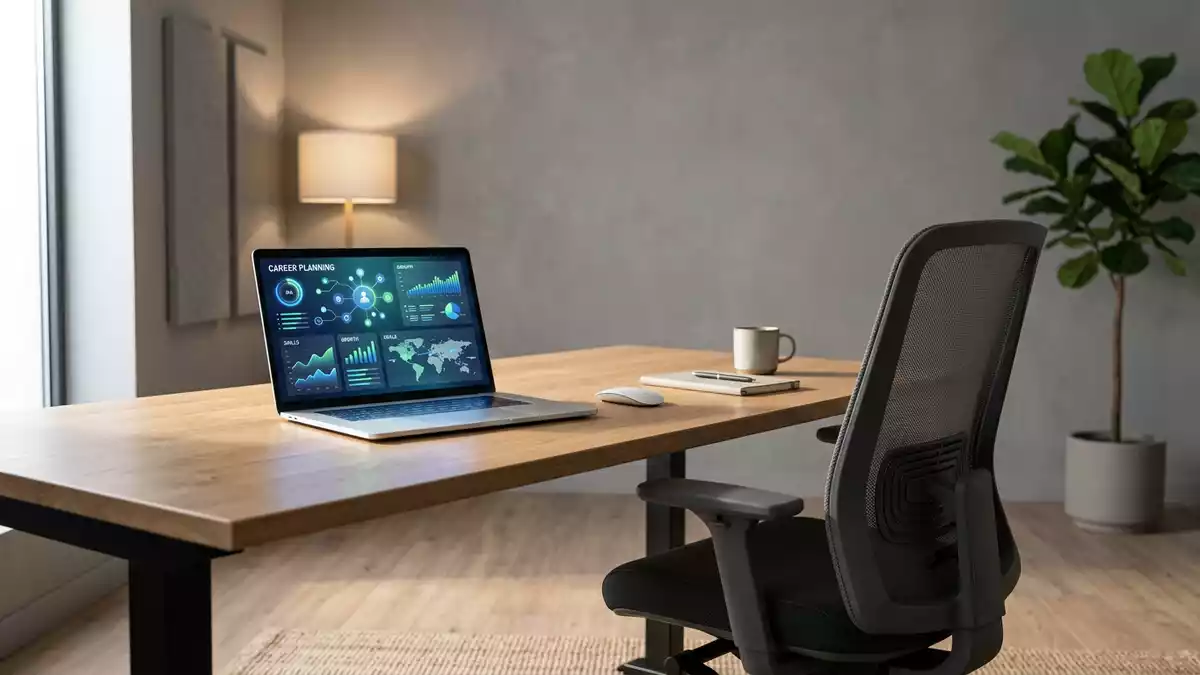 Fotorealistische Studioansicht von Büroarbeitsplatz in neutraler Produktdarstellung