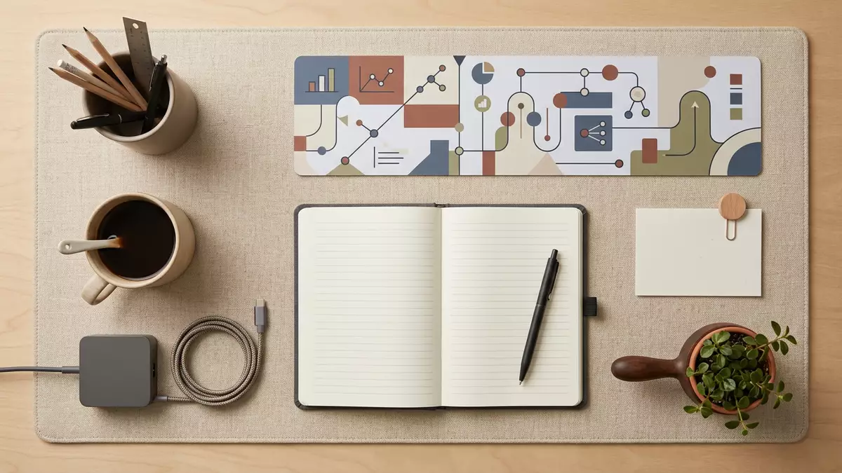 Flatlay-Arrangement rund um Büroarbeitsplatz mit passenden Requisiten von oben