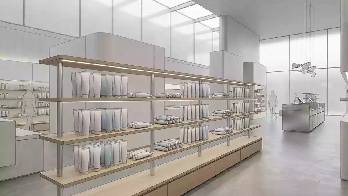 Architektur-Render im Drogeriemarkt mit Zahnpasta im Ausstellungsbereich, neutral