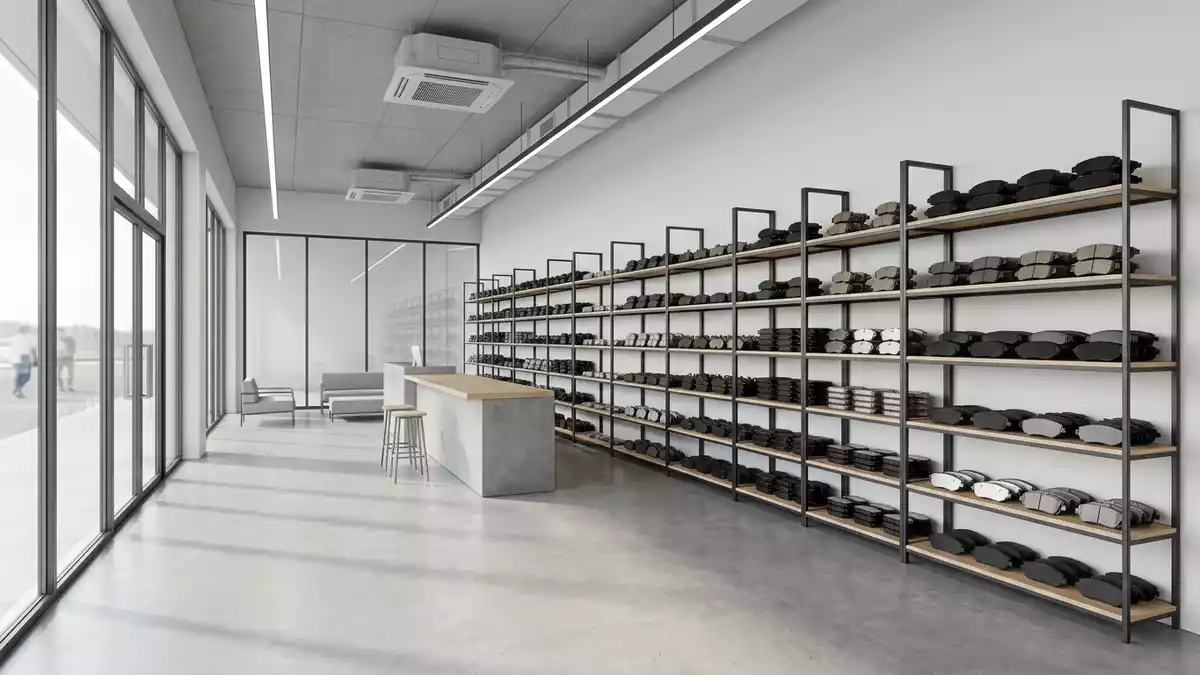 Architektur-Render im Autoteilehandel mit Bremsbeläge im Ausstellungsbereich, neutral