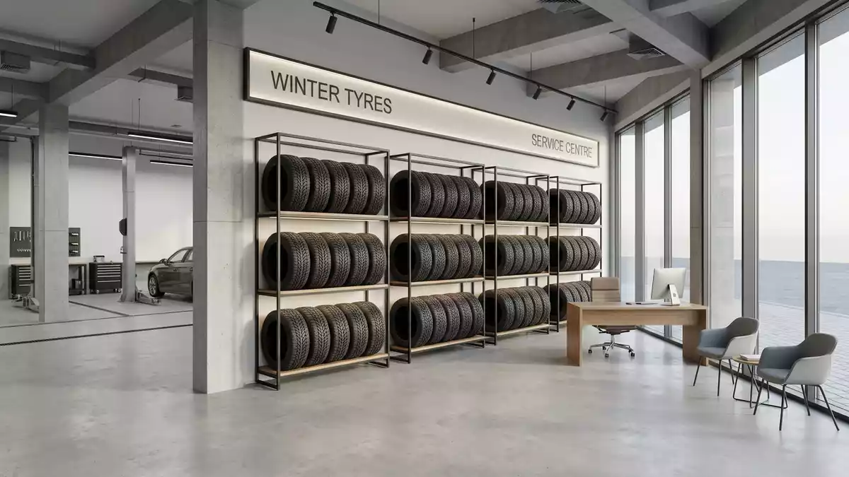 Architektur-Render im Reifenfachhandel mit Winterreifen im Ausstellungsbereich