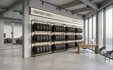 Architektur-Render im Reifenfachhandel mit Winterreifen zum Thema Bridgestone Blizzak, ISIN JP3830800003, neutrales Tageslicht - Foto: THN