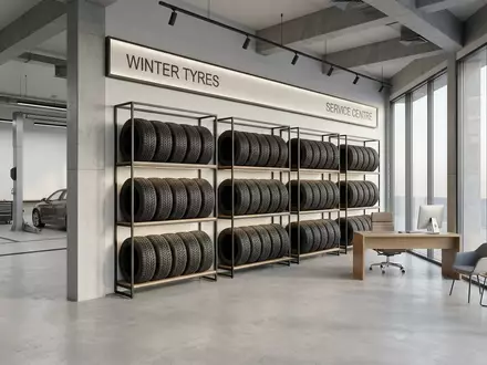 Architektur-Render im Reifenfachhandel mit Winterreifen zum Thema Bridgestone Blizzak, ISIN JP3830800003, neutrales Tageslicht - Foto: THN
