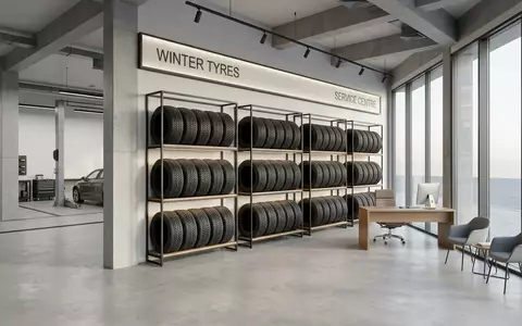 Architektur-Render im Reifenfachhandel mit Winterreifen zum Thema Bridgestone Blizzak, ISIN JP3830800003, neutrales Tageslicht - Foto: THN