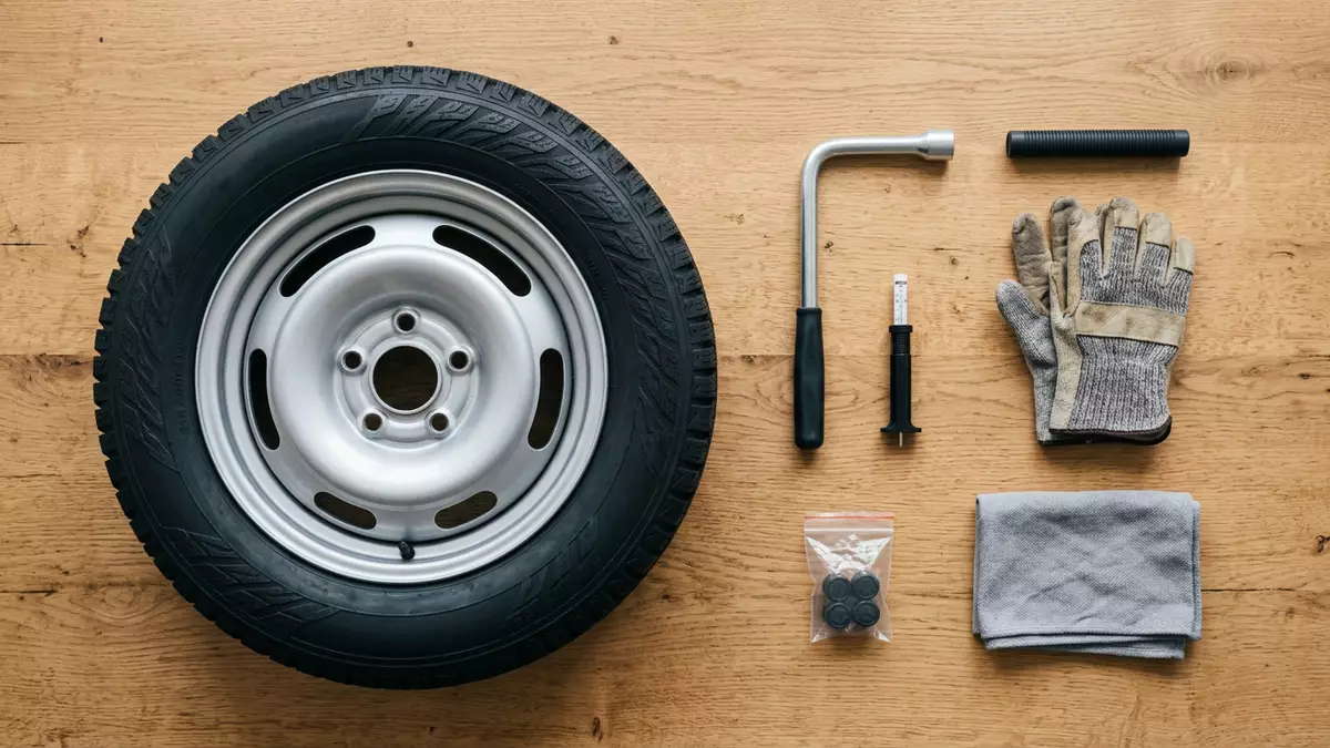 Flatlay-Arrangement rund um Winterreifen mit passenden Requisiten von oben, neutral