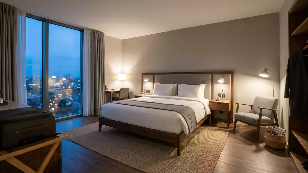 Fotorealistische Ansicht von Hotelzimmer im Hotelzimmer in realer Umgebung, neutral