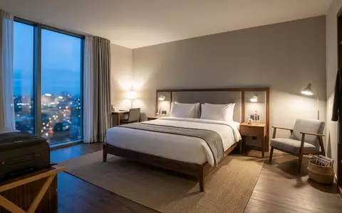 Fotorealistische Aufnahme von Hotelzimmer im Hotelzimmer zum Thema Booking.com Hotel, ISIN US09857L1089, natuerliches Licht - Foto: THN