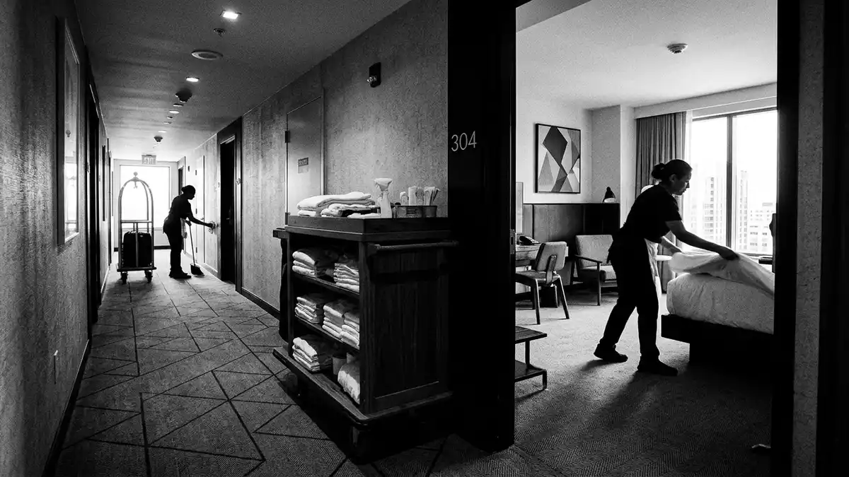 Schwarzweiss-Reportagebild mit Hotelzimmer in dokumentarischer Arbeitsumgebung