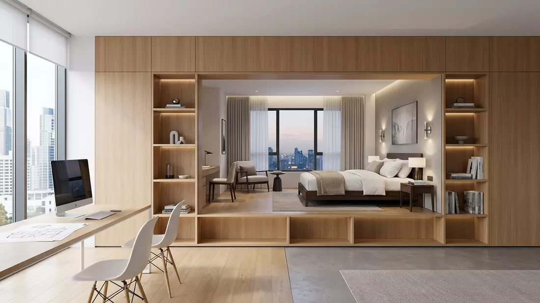 Architektur-Render im Reisebüro mit Hotelzimmer im Ausstellungsbereich, neutral