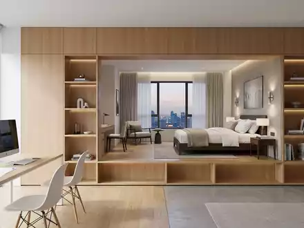 Architektur-Render im Reisebüro mit Hotelzimmer zum Thema Booking.com Hotel, ISIN US09857L1089, neutrales Tageslicht - Foto: THN