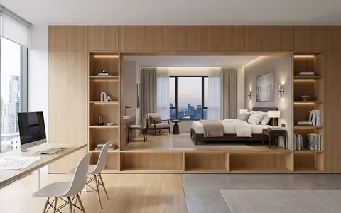 Architektur-Render im Reisebüro mit Hotelzimmer zum Thema Booking.com Hotel, ISIN US09857L1089, neutrales Tageslicht - Foto: THN