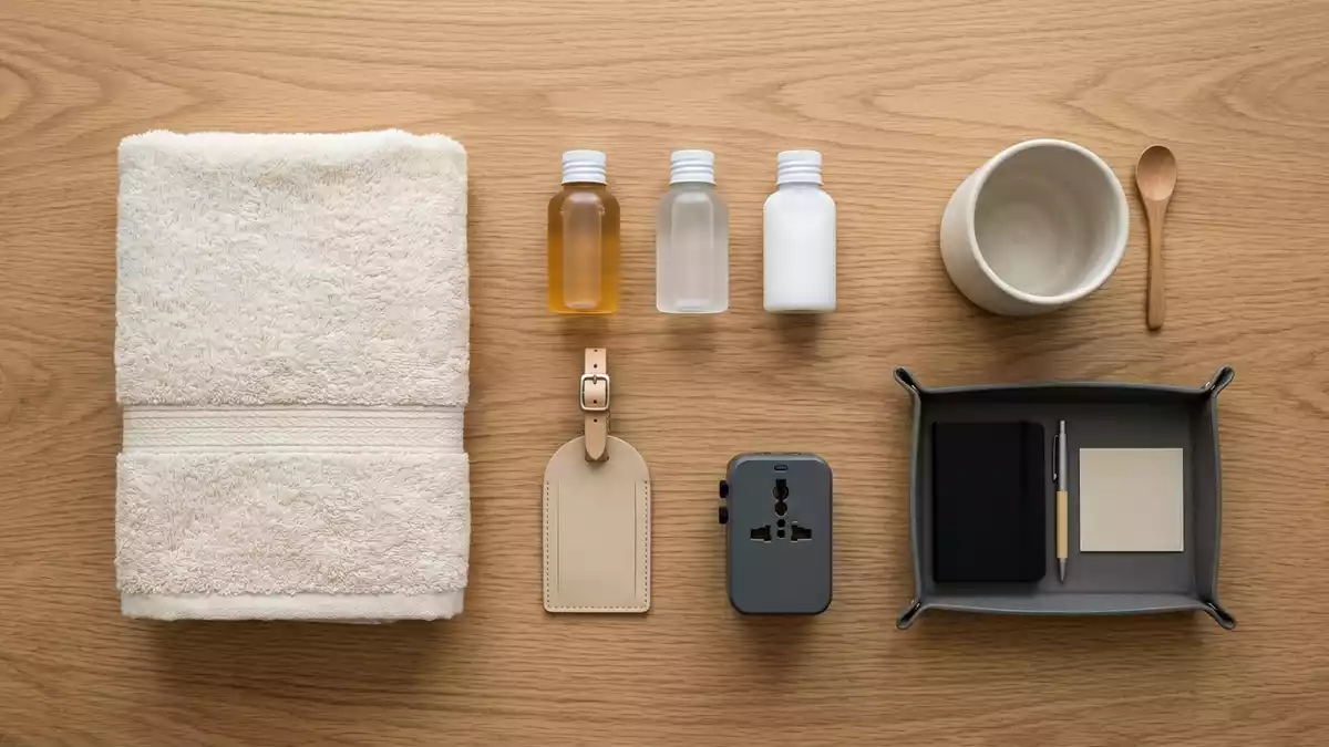 Flatlay-Arrangement rund um Hotelzimmer mit passenden Requisiten von oben, neutral