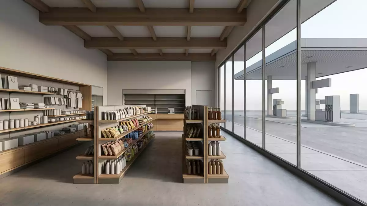 Architektur-Render im Tankstelle mit Tankstellenanlage im Ausstellungsbereich, neutral