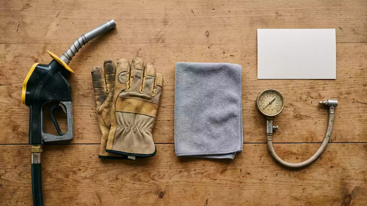 Flatlay-Arrangement rund um Tankstellenanlage mit passenden Requisiten von oben