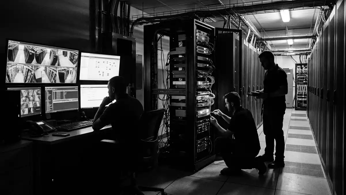 Schwarzweiss-Reportagebild mit Netzwerksicherheit in dokumentarischer Arbeitsumgebung