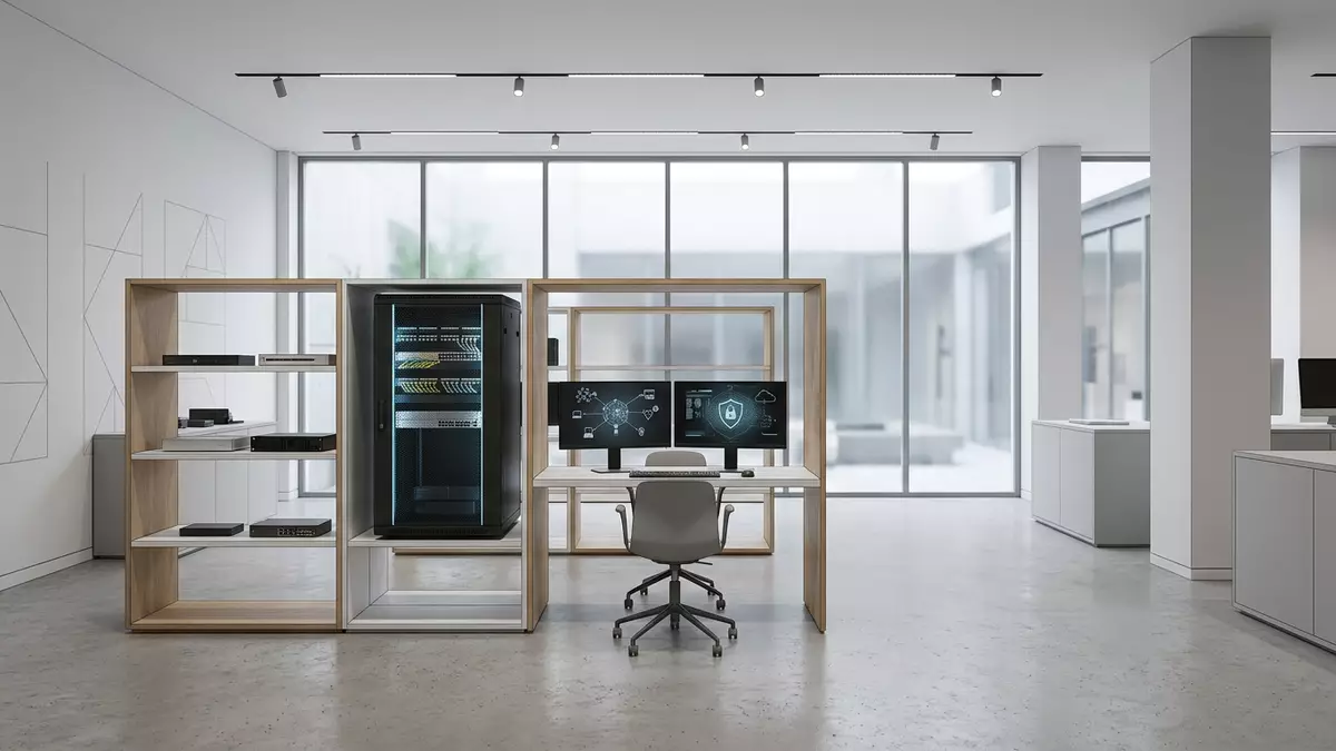 Architektur-Render im IT-Fachhandel mit Netzwerksicherheit im Ausstellungsbereich