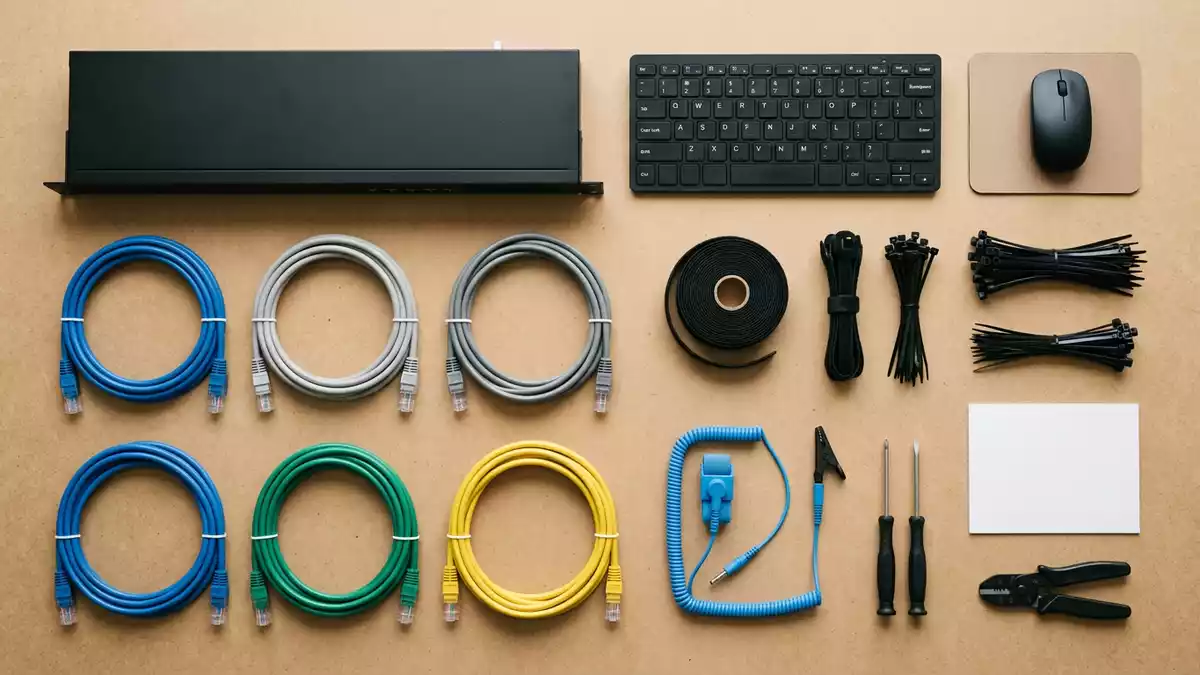 Flatlay-Arrangement rund um Netzwerksicherheit mit passenden Requisiten von oben
