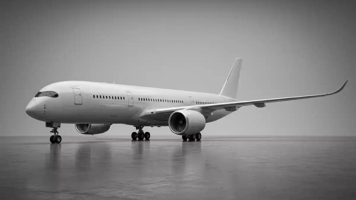 Fotorealistische Studioansicht von Passagierflugzeug in neutraler Produktdarstellung