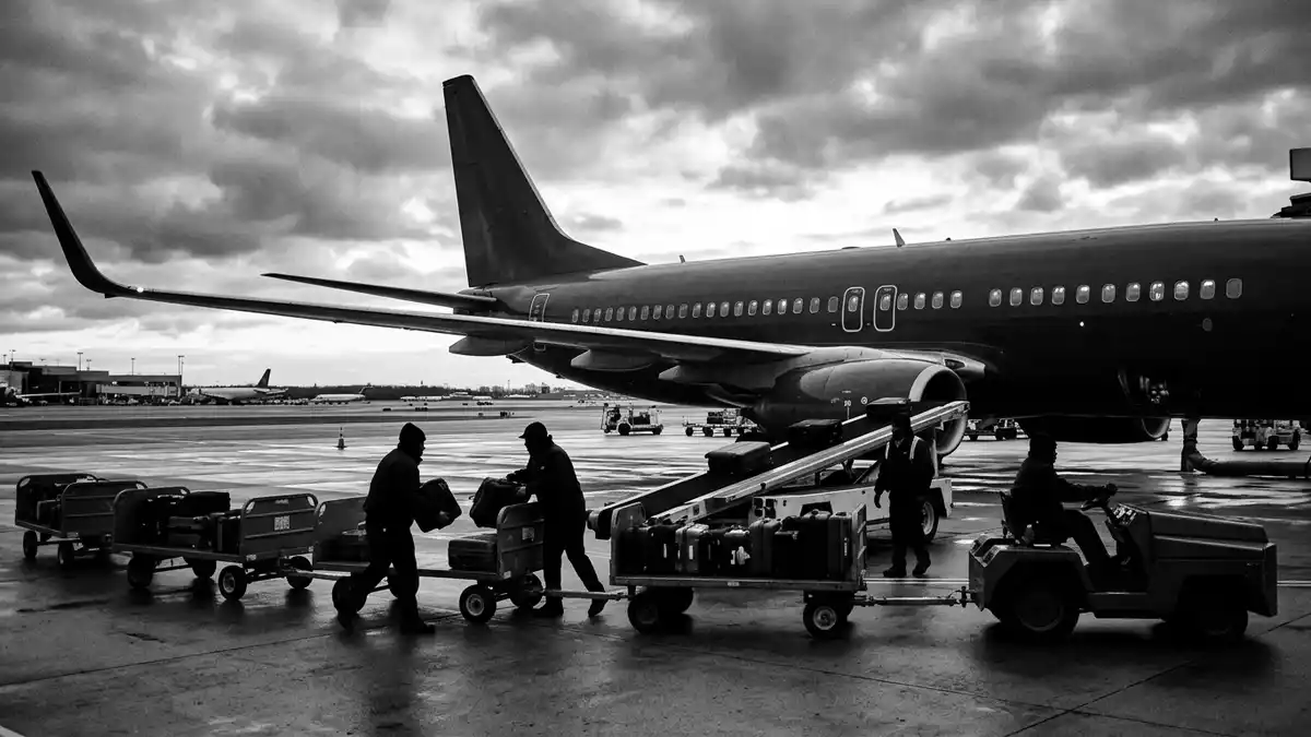 Schwarzweiss-Reportagebild mit Passagierflugzeug in dokumentarischer Arbeitsumgebung