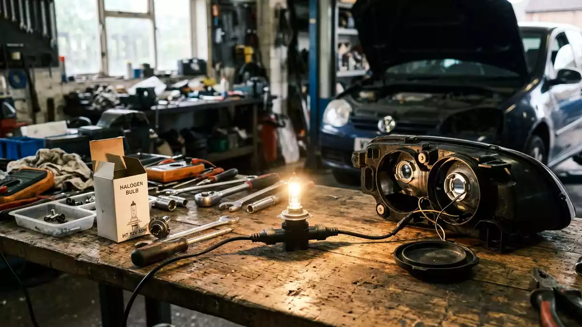 Fotorealistische Ansicht von Autolampe in der Werkstatt in realer Umgebung, neutral