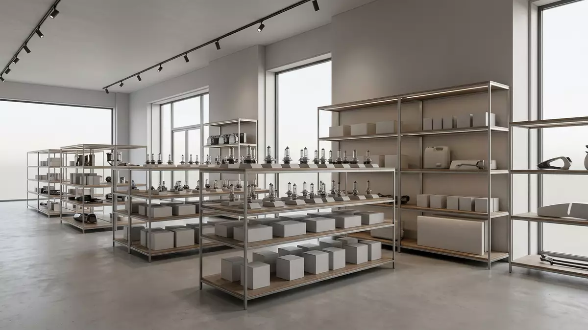 Architektur-Render im Autoteilehandel mit Autolampe im Ausstellungsbereich, neutral