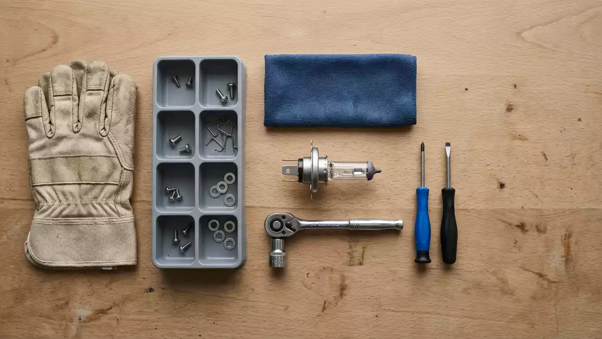 Flatlay-Arrangement rund um Autolampe mit passenden Requisiten von oben, neutral