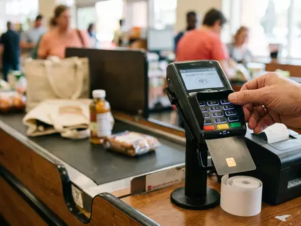 Fotorealistische Aufnahme von Kreditkarte beim Bezahlen zum Thema American Express Gold Card, ISIN US0258161092 - Foto: THN