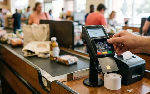 Fotorealistische Aufnahme von Kreditkarte beim Bezahlen zum Thema American Express Gold Card, ISIN US0258161092 - Foto: THN