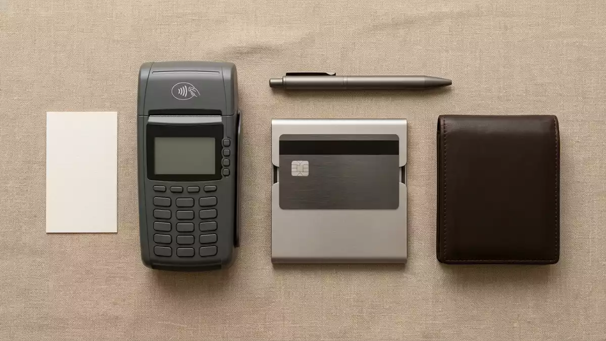 Flatlay-Arrangement rund um Kreditkarte mit passenden Requisiten von oben, neutral