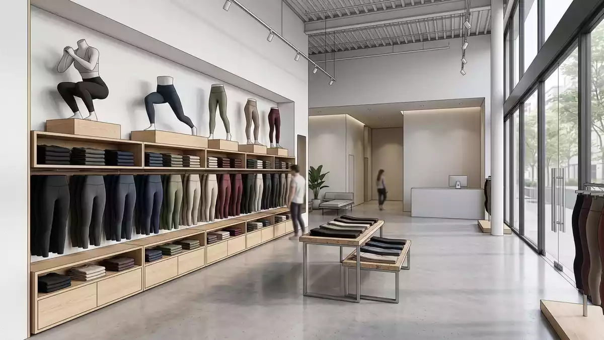 Architektur-Render im Sportgeschäft mit Sportleggings im Ausstellungsbereich, neutral