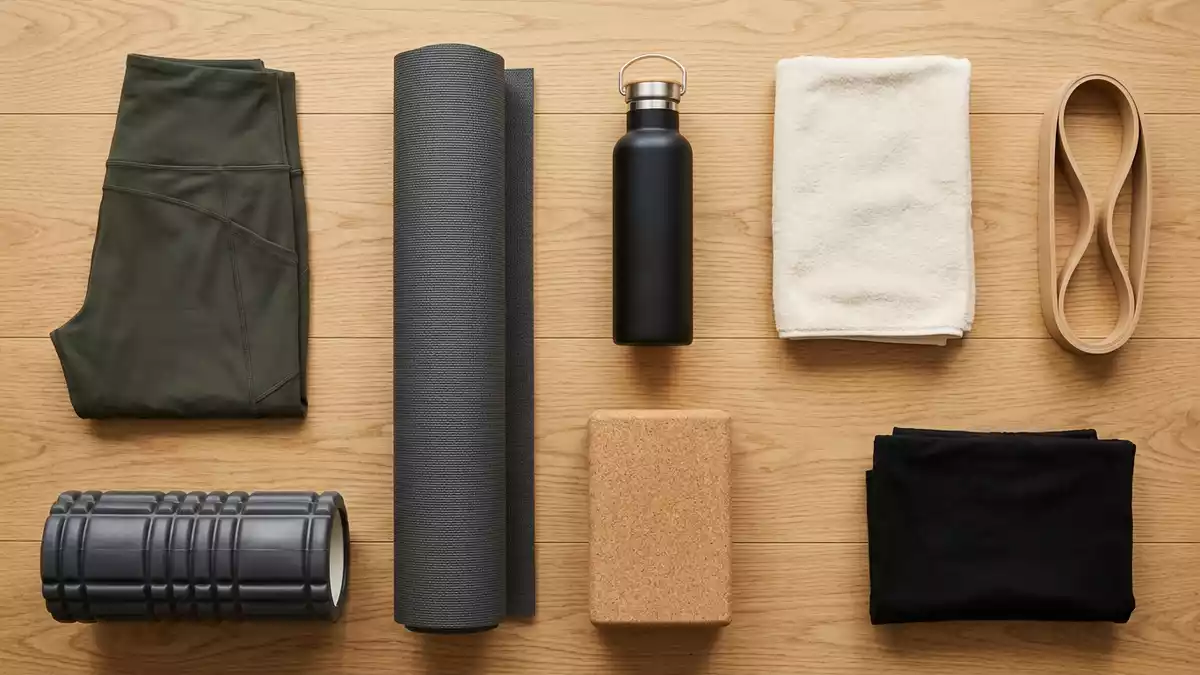 Flatlay-Arrangement rund um Sportleggings mit passenden Requisiten von oben, neutral