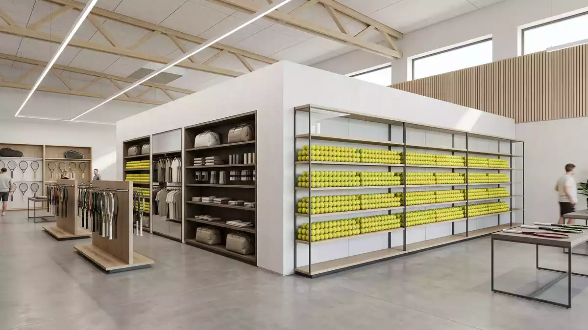 Architektur-Render im Sportgeschäft mit Tennisbälle im Ausstellungsbereich, neutral