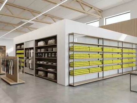 Architektur-Render im Sportgeschäft mit Tennisbälle zum Thema Wilson Tennisbälle, ISIN FI0009000285, neutrales Tageslicht - Foto: THN