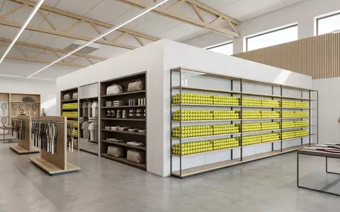 Architektur-Render im Sportgeschäft mit Tennisbälle zum Thema Wilson Tennisbälle, ISIN FI0009000285, neutrales Tageslicht - Foto: THN