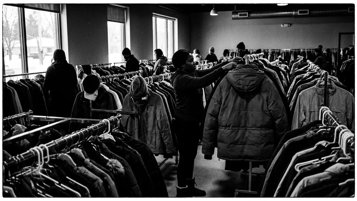 Schwarzweiss-Reportagebild mit Winterparka in dokumentarischer Arbeitsumgebung