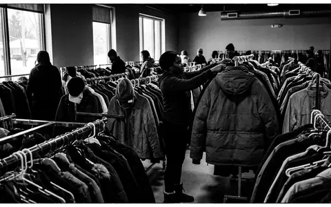 Schwarzweiss-Reportage mit Winterparka zum Thema Canada Goose Parka, ISIN CA1350871028, hoher Kontrast - Foto: THN