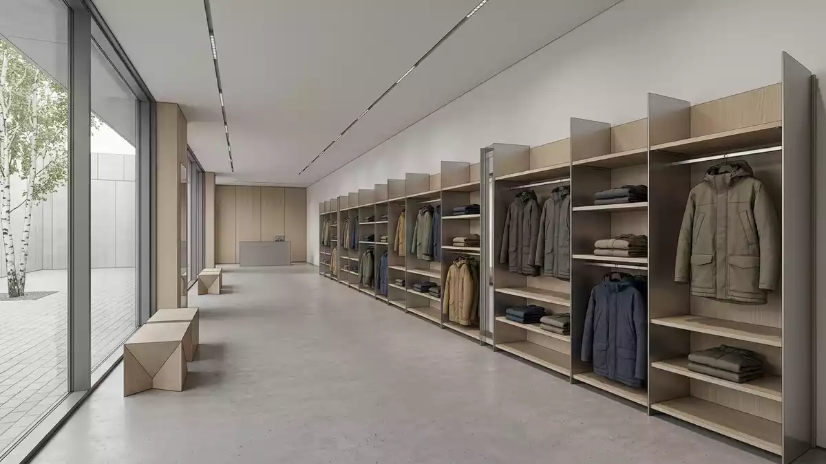 Architektur-Render im Outdoor-Fachhandel mit Winterparka im Ausstellungsbereich